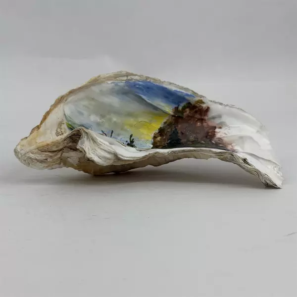 Hand Painted Oyster Shell 7" Wide Sailboat Scene