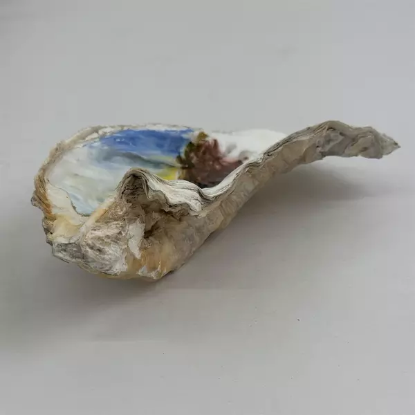 Hand Painted Oyster Shell 7" Wide Sailboat Scene