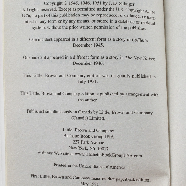 The Catcher in the Rye J. D. Salinger 1991 Little Brown and Company Paperback
