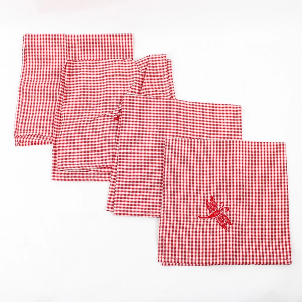 April Cornell Fabric Napkins Red/White Plaid Embroidered Dragonfly 18.5" x 18.5"