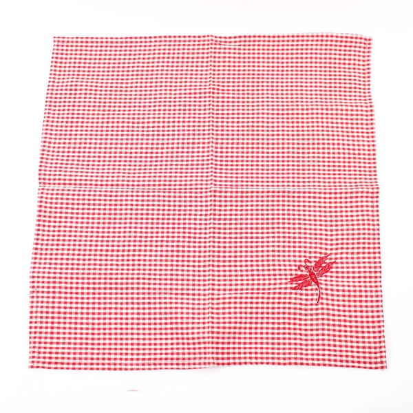 April Cornell Fabric Napkins Red/White Plaid Embroidered Dragonfly 18.5" x 18.5"