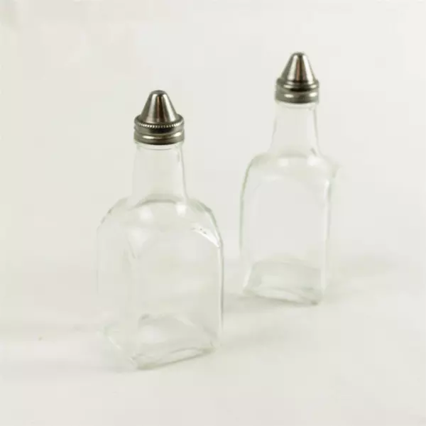 Glass Oil & Vinegar Cruet Set of 2 w/ Stainless Steel Screw Caps 6" Tall