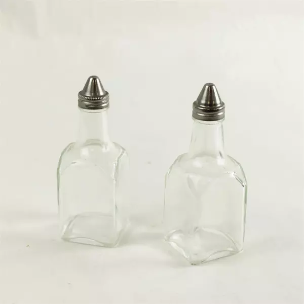 Glass Oil & Vinegar Cruet Set of 2 w/ Stainless Steel Screw Caps 6" Tall