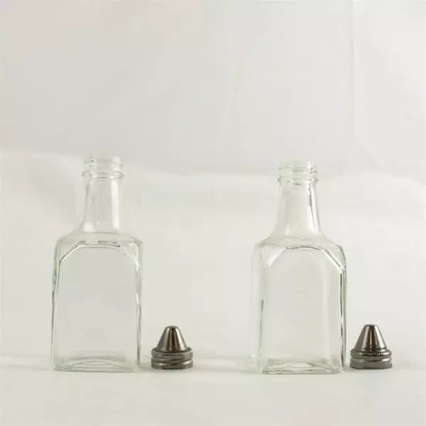 Glass Oil & Vinegar Cruet Set of 2 w/ Stainless Steel Screw Caps 6" Tall