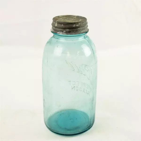 Vintage Ball Perfect Mason Blue Glass Jar w/ Original Zinc Lid