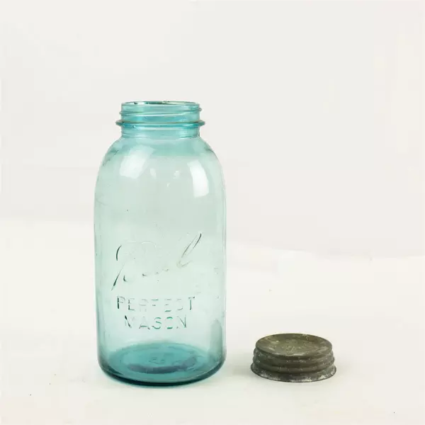Vintage Ball Perfect Mason Blue Glass Jar w/ Original Zinc Lid