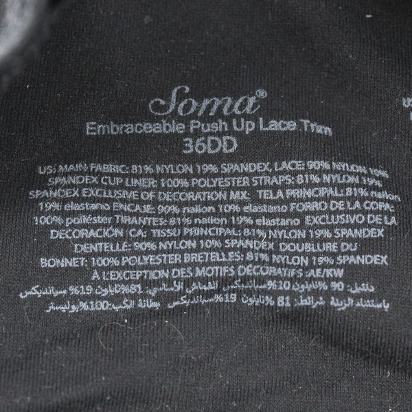 Soma Embraceable Push Up Bra Lace Trim Black Women's Size 36DD