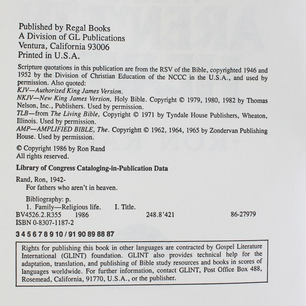 For Fathers Who Aren't in Heaven by Ron Rand 1986 PB Previous Library Book