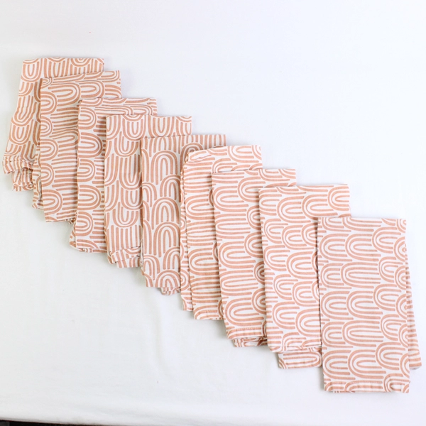 Set of 9 Orange and White Patterned Cloth Napkins FLAWED