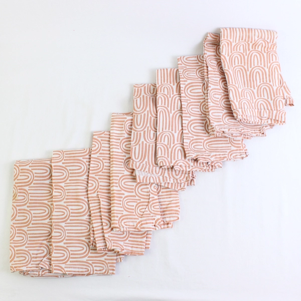 Set of 9 Orange and White Patterned Cloth Napkins FLAWED