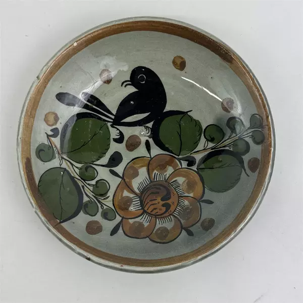 Mexico Pottery 5.25 inch Plate Gray With Black Bird And Brown Flower