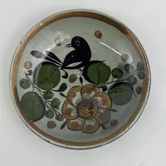 Mexico Pottery 5.25 inch Plate Gray With Black Bird And Brown Flower