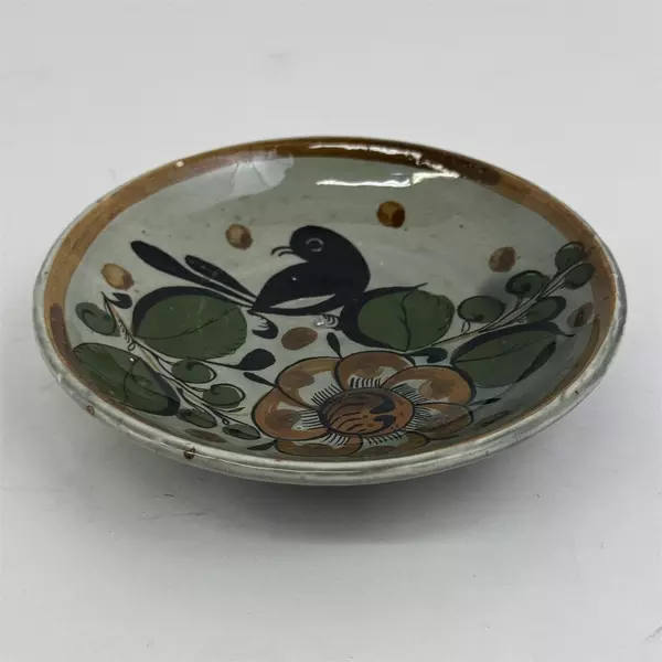 Mexico Pottery 5.25 inch Plate Gray With Black Bird And Brown Flower