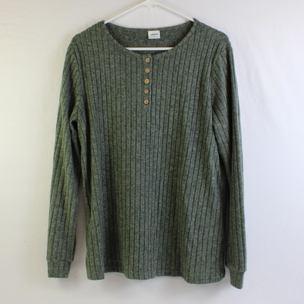 Xieerduo Green Ribbed Long-Sleeved Henley Top Women's Size Large