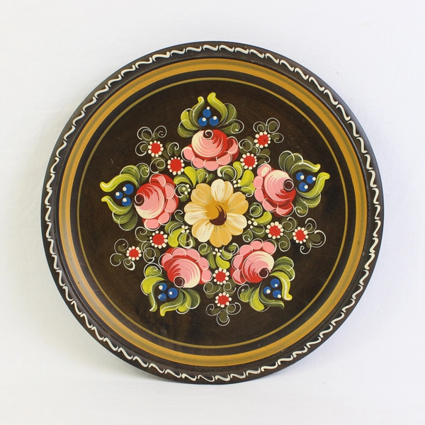 VTG Floral Hand-Painted Folk-Art Decorative Wooden Wall-Hanging Plate 10"
