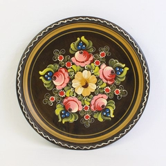 VTG Floral Hand-Painted Folk-Art Decorative Wooden Wall-Hanging Plate 10"