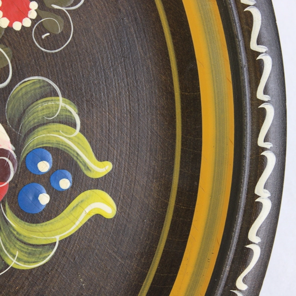 VTG Floral Hand-Painted Folk-Art Decorative Wooden Wall-Hanging Plate 10"