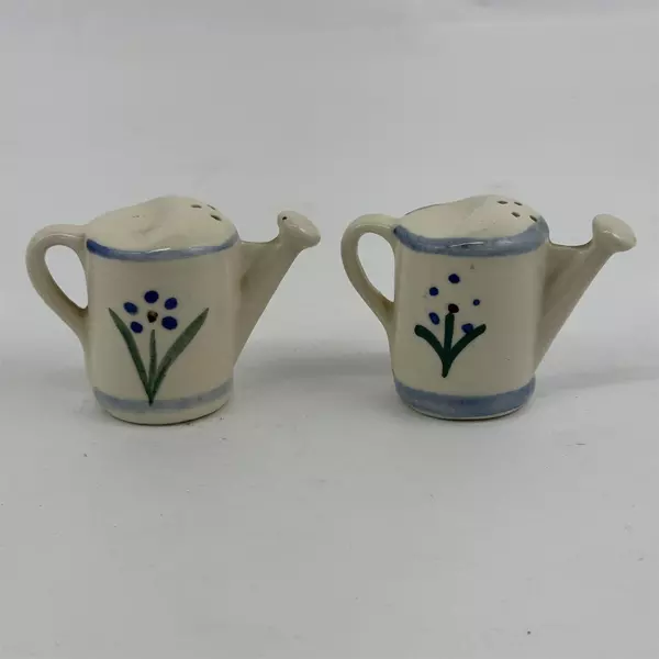 Vintage Floral Ceramic Watering Can Salt and Pepper Shakers 2" Blue Beige 