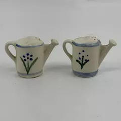 Vintage Floral Ceramic Watering Can Salt and Pepper Shakers 2" Blue Beige 