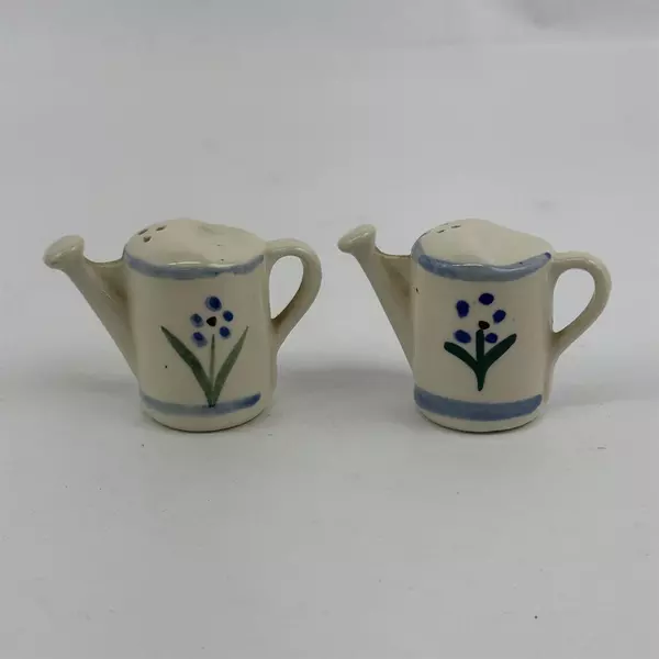 Vintage Floral Ceramic Watering Can Salt and Pepper Shakers 2" Blue Beige 