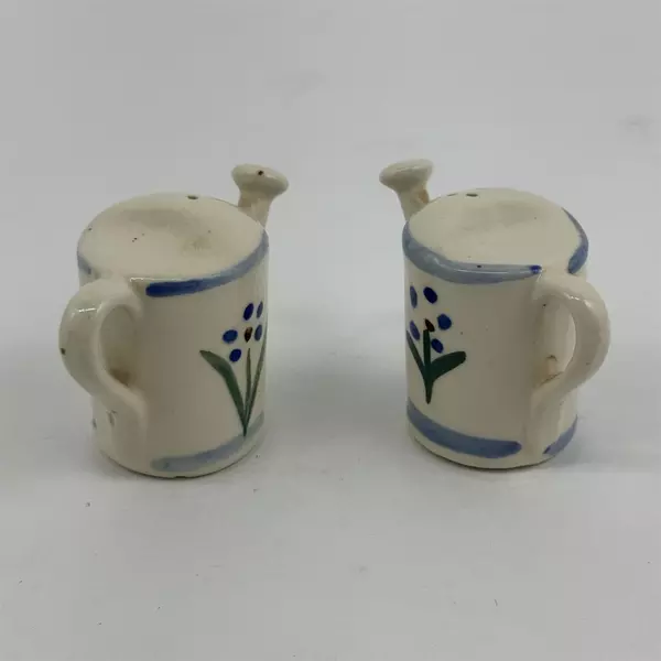 Vintage Floral Ceramic Watering Can Salt and Pepper Shakers 2" Blue Beige 