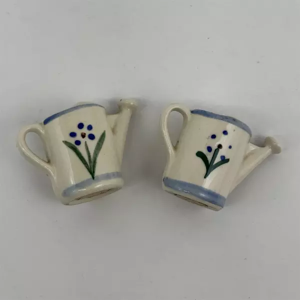 Vintage Floral Ceramic Watering Can Salt and Pepper Shakers 2" Blue Beige 