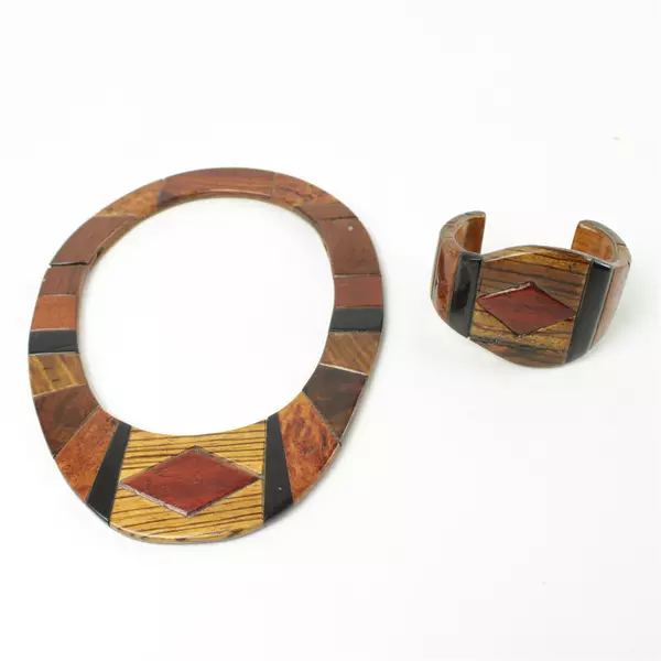 Vintage Wood Open Cuff Bracelet & Necklace Set Geometric Inlay Boho