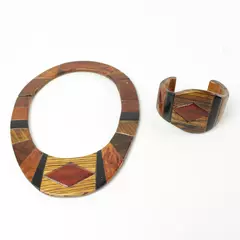 Vintage Wood Open Cuff Bracelet & Necklace Set Geometric Inlay Boho