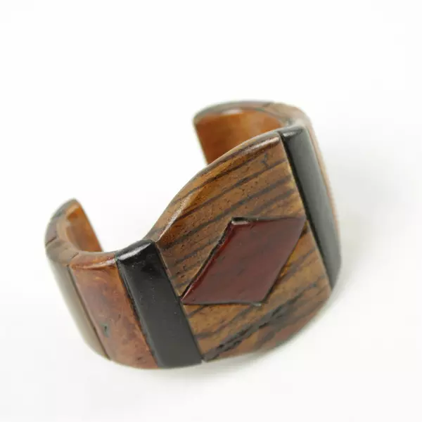 Vintage Wood Open Cuff Bracelet & Necklace Set Geometric Inlay Boho
