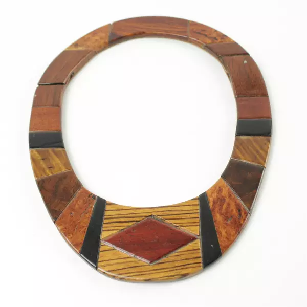 Vintage Wood Open Cuff Bracelet & Necklace Set Geometric Inlay Boho