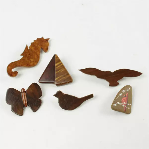 Lot of 6 Wooden Pins Assorted Shapes Carved Vintage Crafts