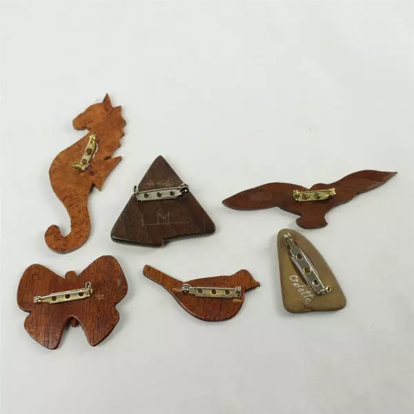 Lot of 6 Wooden Pins Assorted Shapes Carved Vintage Crafts
