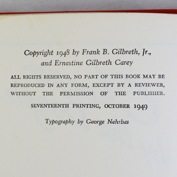 Cheaper By the Dozen 17th Printing Hardcover (1949) Frank B. Gilbreth, Jr.