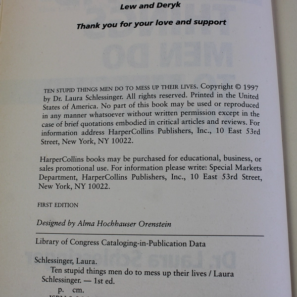 Ten Stupid Things Men Do to Mess up Their Lives Laura Schlessinger 1997 HC 1st 