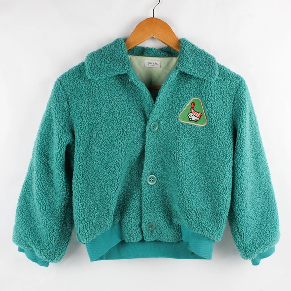 Graniph Unisex Kids Size 7-8 Teal Sherpa Jacket with Large Buttons and Patches