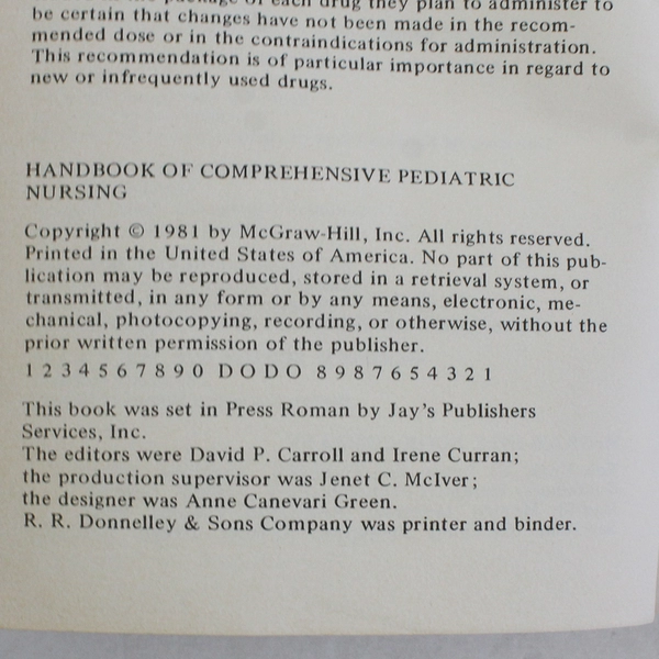 Handbook of Comprehensive Pediatric Nursing 1981 Paperback Pocket Size Edition