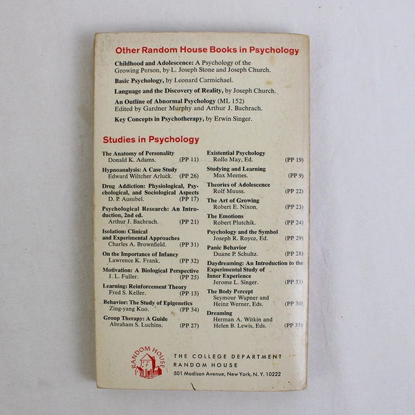 Vintage Theories of Adolescence by Rolf E Muuss 1966 Paperback 