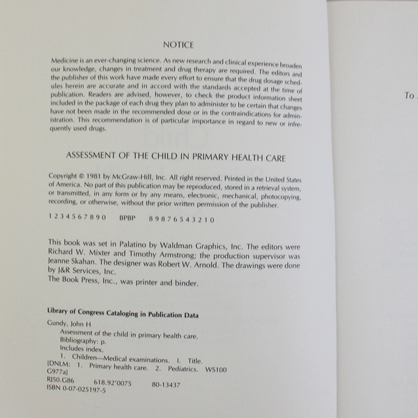 Assessment of the Child in Primary Health Care  by John H Gundy 1980 Paperback
