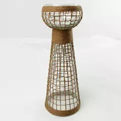 Clear Glass Candle Holder 11.75in Brown Woven Rope Coastal Rustic Pillar