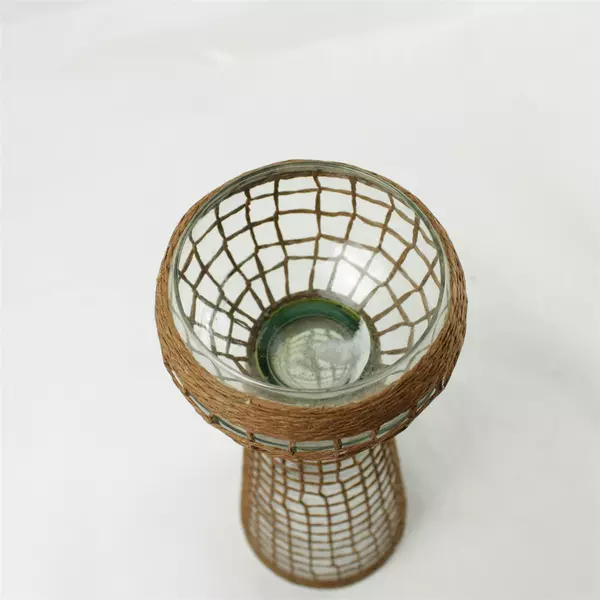Clear Glass Candle Holder 11.75in Brown Woven Rope Coastal Rustic Pillar