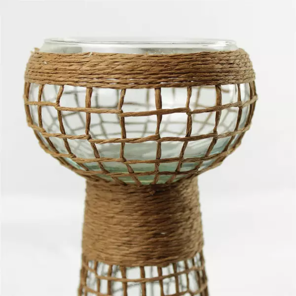 Clear Glass Candle Holder 11.75in Brown Woven Rope Coastal Rustic Pillar