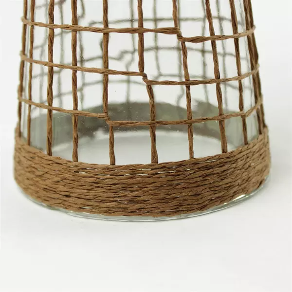 Clear Glass Candle Holder 11.75in Brown Woven Rope Coastal Rustic Pillar