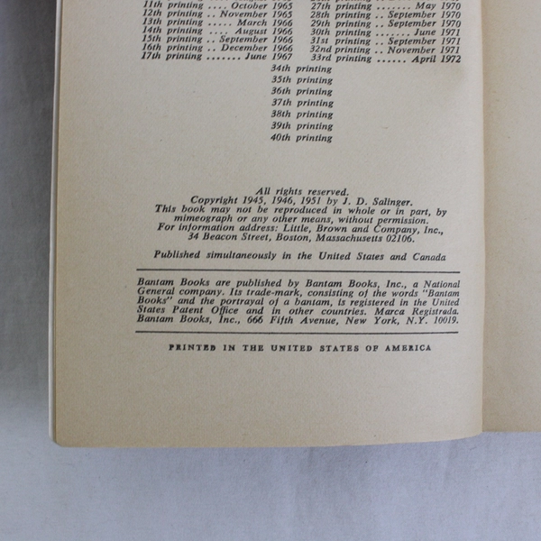 The Catcher in the Rye J. D. Salinger 1972 Bantam Books Paperback