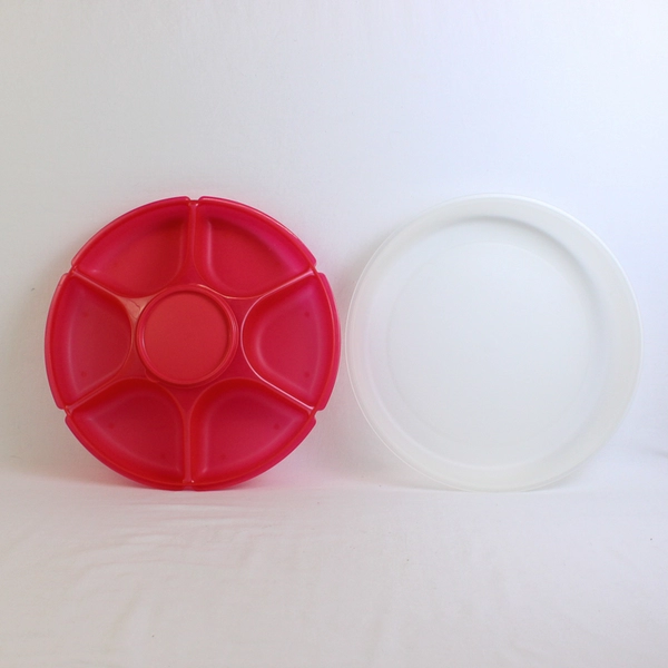 Tupperware Large Divided Snack Veggie Fruit Tray w/ Dipping Bowl Red 1665A-1