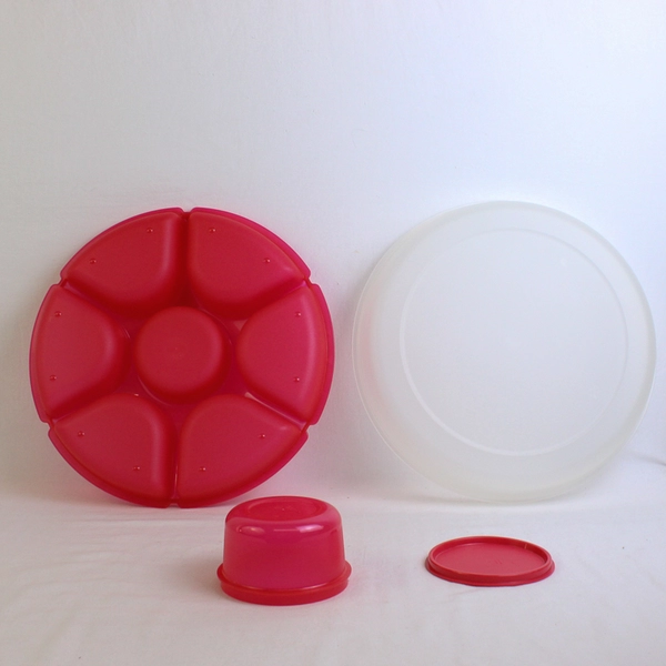 Tupperware Large Divided Snack Veggie Fruit Tray w/ Dipping Bowl Red 1665A-1