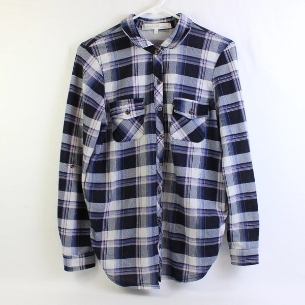 Eden & Olivia Maternity Blue and Purple Plaid Button-Up Women's Small