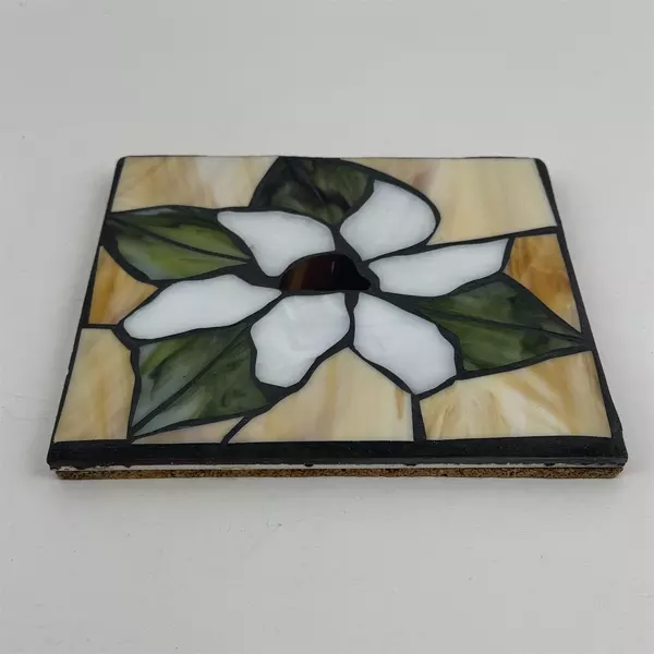 Stained Glass Cork Back 8" Trivet Gold And Beige With White Flower