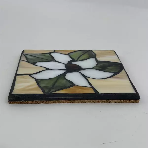 Stained Glass Cork Back 8" Trivet Gold And Beige With White Flower