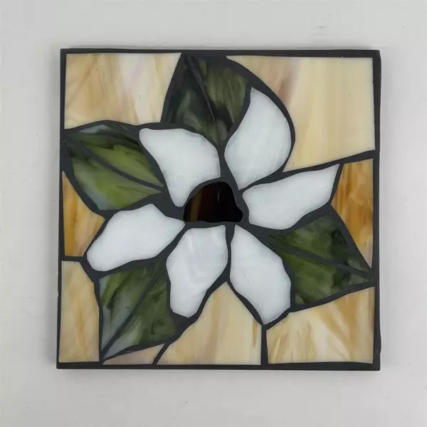 Stained Glass Cork Back 8" Trivet Gold And Beige With White Flower