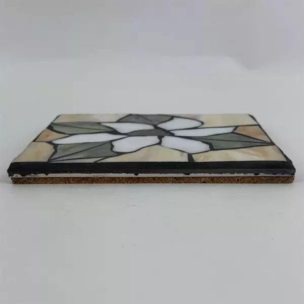 Stained Glass Cork Back 8" Trivet Gold And Beige With White Flower